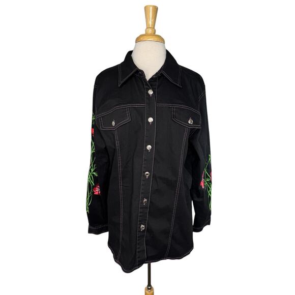 Vintage BOB MACKIE Western Floral Embroidered Black Shirt Jacket Size Large - Picture 3 of 10
